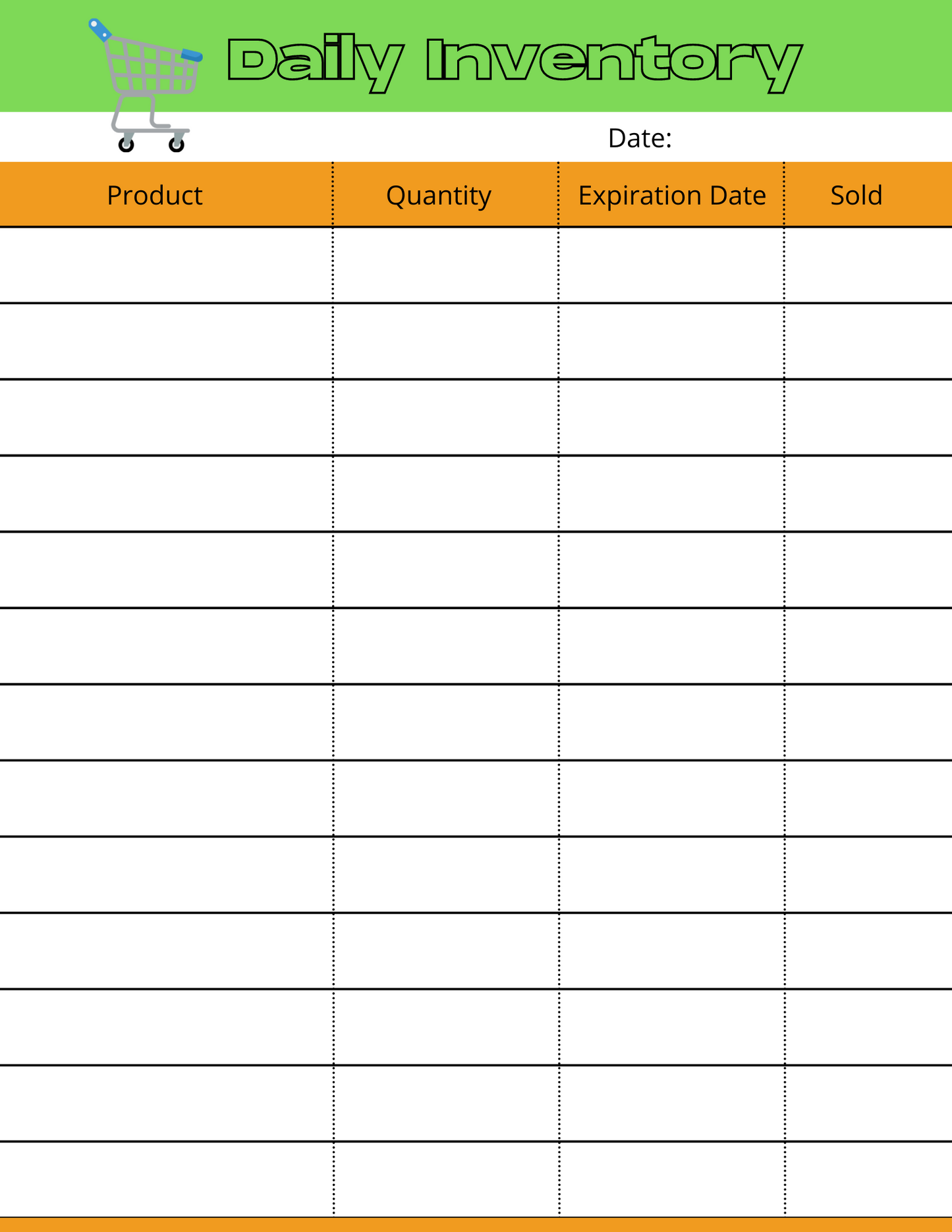 The Wondermom Shop's Grocery Store Pretend Play Kit features a daily inventory worksheet, which includes columns for product, quantity, expiration date, and sold items. It comes with a header adorned with a shopping cart icon and space to record the date—ideal for kids discovering store management skills.
