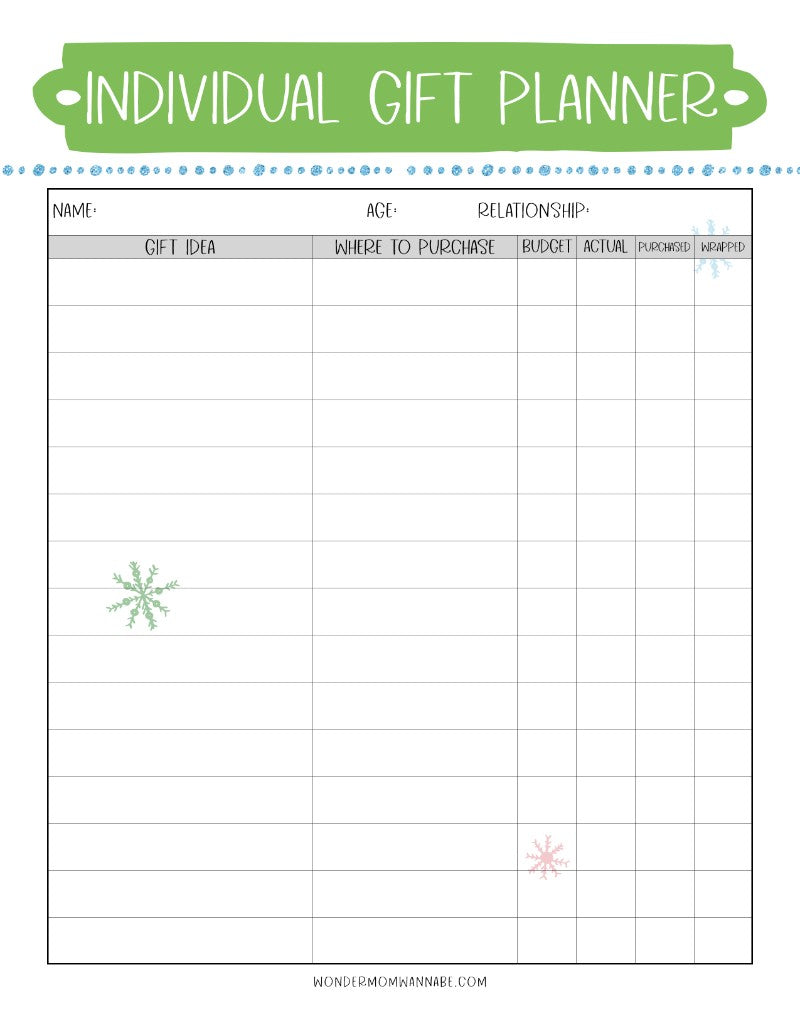 A printable individual gift planner incorporating The Most Wonderful Time of the Year Christmas Planner from Wondermom Shop and Christmas Planner.