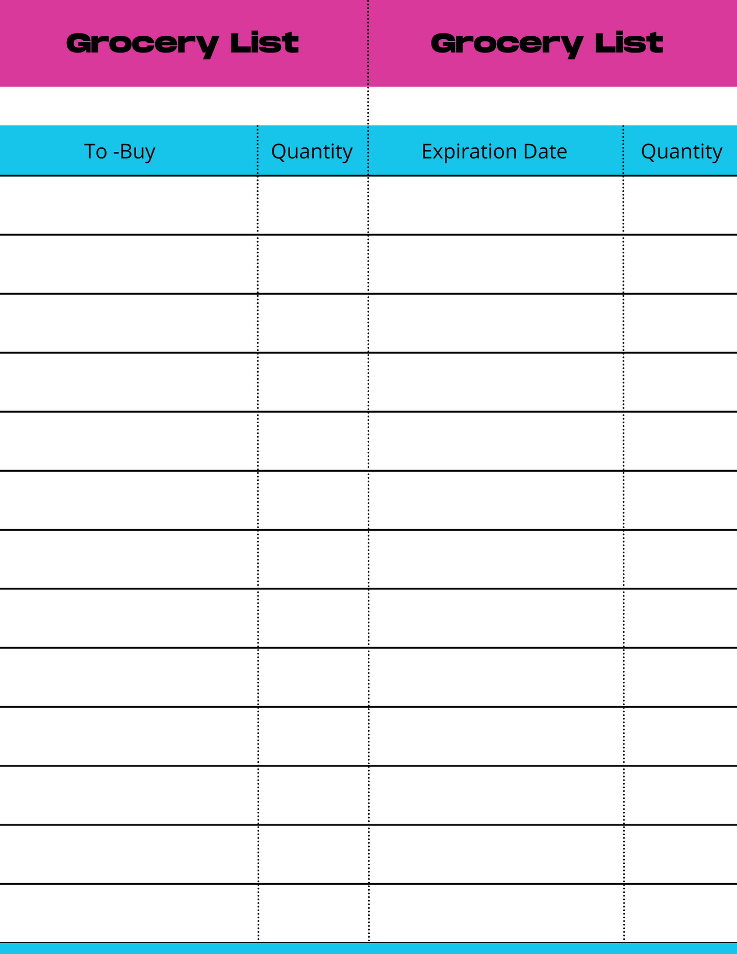 The Wondermom Shop's Grocery Store Pretend Play Kit includes a vibrant two-column grocery list table, enhancing children's play with an authentic store atmosphere. It features sections for items, quantity, expiration date, and an additional quantity column. With a pink header and blue bottom border, it ensures kids learn the art of grocery shopping effortlessly!