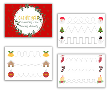 Load image into Gallery viewer, Printable Christmas-themed pre-writing activity sheets for children, featuring tracing lines with holiday motifs, available as the Wondermom Shop&#39;s Christmas Kids Activities Bundle.
