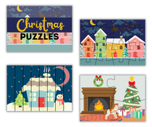 Load image into Gallery viewer, A digital Christmas Kids Activities Bundle showcasing a collage of four colorful Christmas-themed printable activities, featuring festive houses, a snowman, a cozy fireplace, and a decorated tree from Wondermom Shop.

