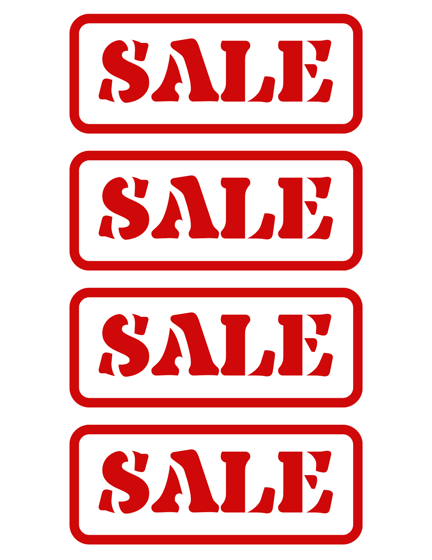 Four identical red "SALE" signs are stacked vertically, enhancing the authenticity of the Wondermom Shop Grocery Store Pretend Play Kit, where children can learn about grocery shopping and enjoy a pretend store experience that feels real.