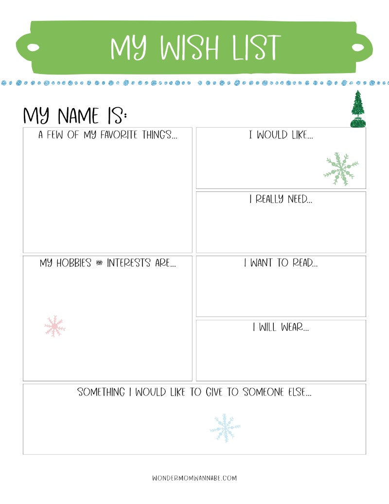 A printable Christmas wish list for kids, perfect for holiday prep and organizing your Most Wonderful Time of the Year Christmas Planner from Wondermom Shop.