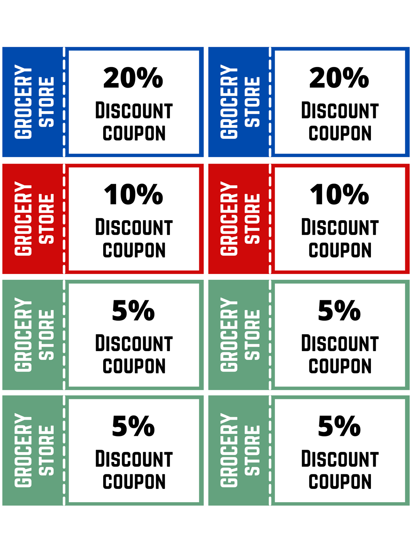 Immerse children in the world of shopping with a playful edge! The Wondermom Shop's Grocery Store Pretend Play Kit features colorful coupons: two blue for 20% off, two red for 10% off, and four green for 5% off. Kids can experience grocery shopping and enjoy the feeling of being in a real store.