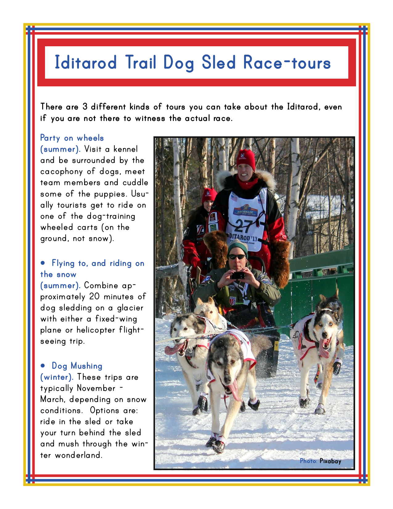 A flyer for the Wondermom Shop's Alaska Activity Kit details three thrilling Iditarod Trail dog sled race tour options: Summer Party on Wheels, Summer Flying and Riding on Ice, and Winter Dog Mushing. Featuring exciting activities in Alaska, the flyer includes an image of a dog sled team in action.