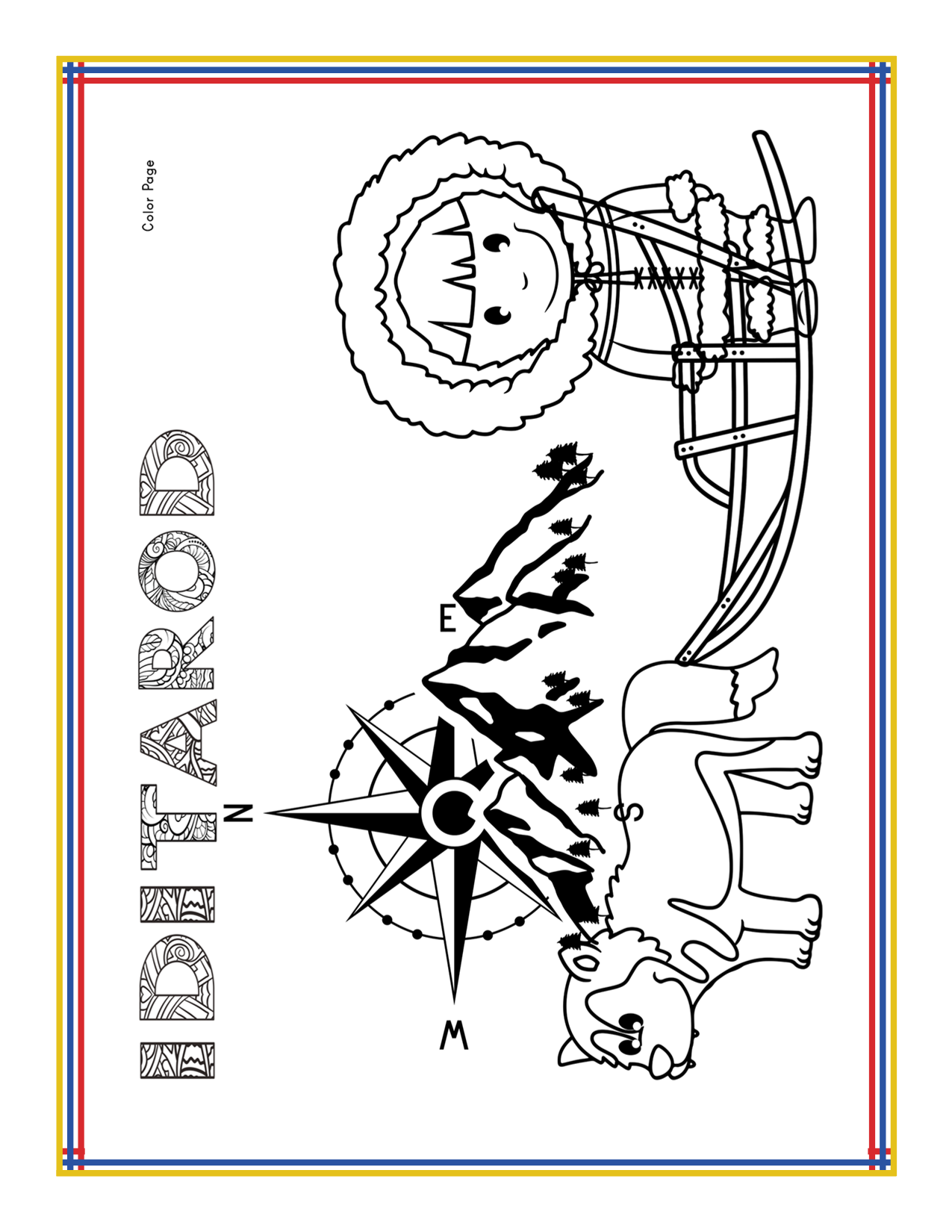 A black and white illustration from the Alaska Activity Kit by Wondermom Shop features a child dressed for cold weather, a sled, a dog, mountains, and a compass. The word "IDITAROD" is prominently displayed on the left, capturing the spirit of Alaska activities and the rich tapestry of Alaska history.