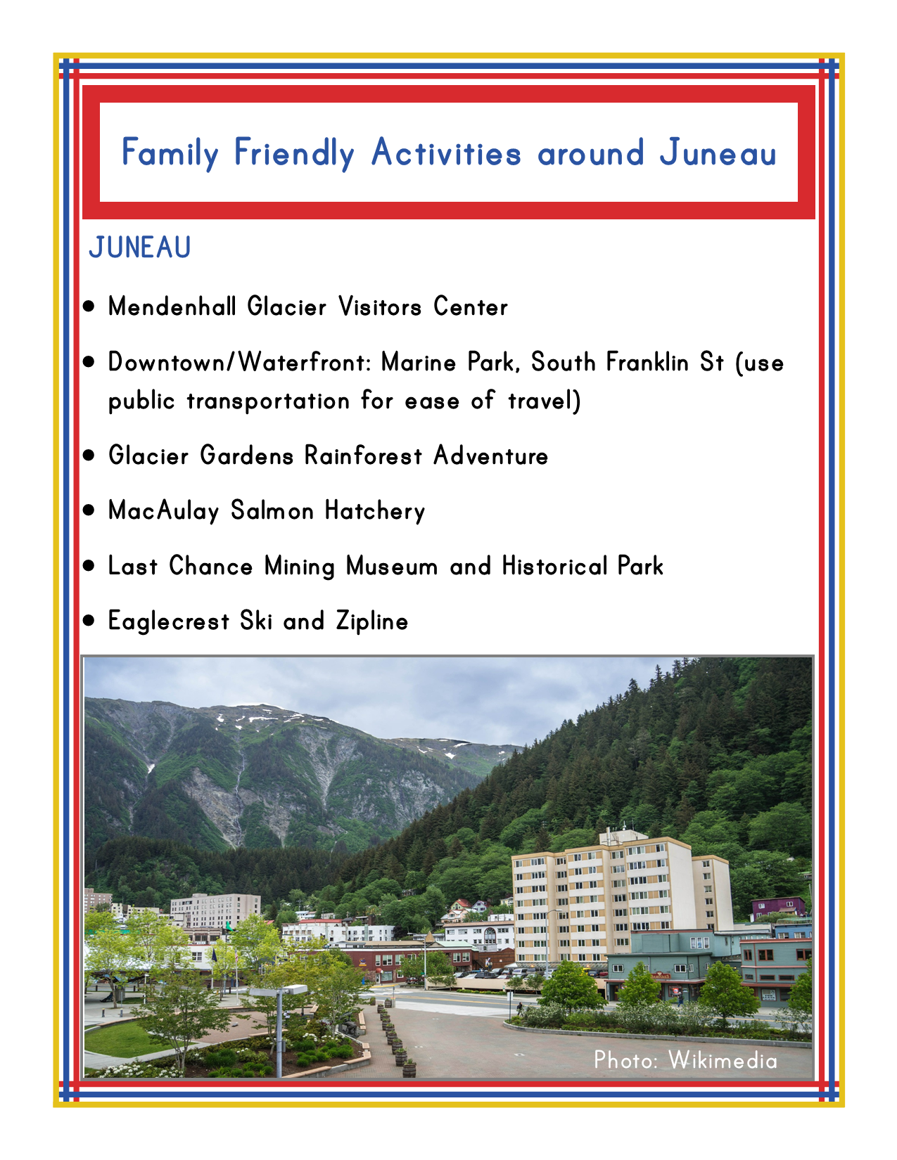 A flyer listing family-friendly Alaska activities around Juneau, including the Mendenhall Glacier Visitors Center, Glacier Gardens Rainforest Adventure, MacAulay Salmon Hatchery, and more—all featured in the Alaska Activity Kit by Wondermom Shop.