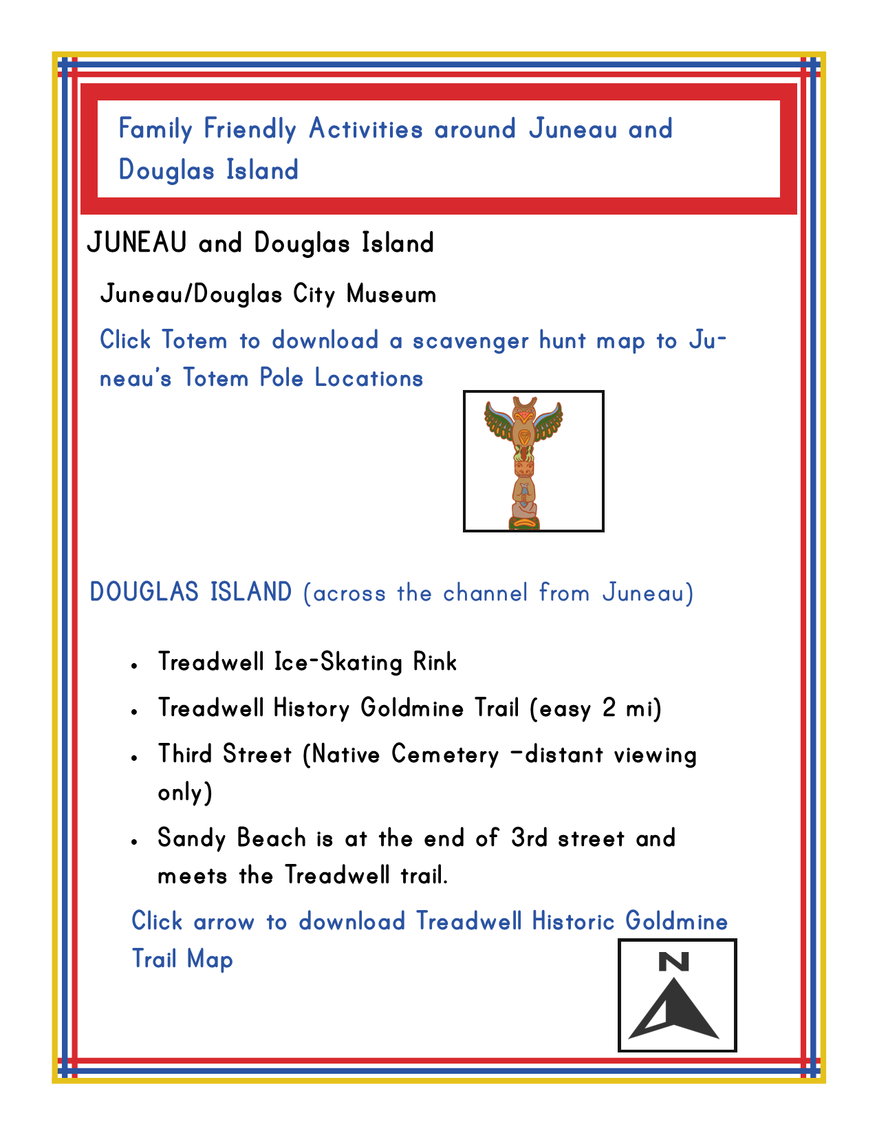 Flyer titled "Family Friendly Activities around Juneau and Douglas Island" featuring the Alaska Activity Kit from Wondermom Shop, which details various activities including museum visits, scavenger hunts, trails on Douglas Island, and exploring Alaska national parks.