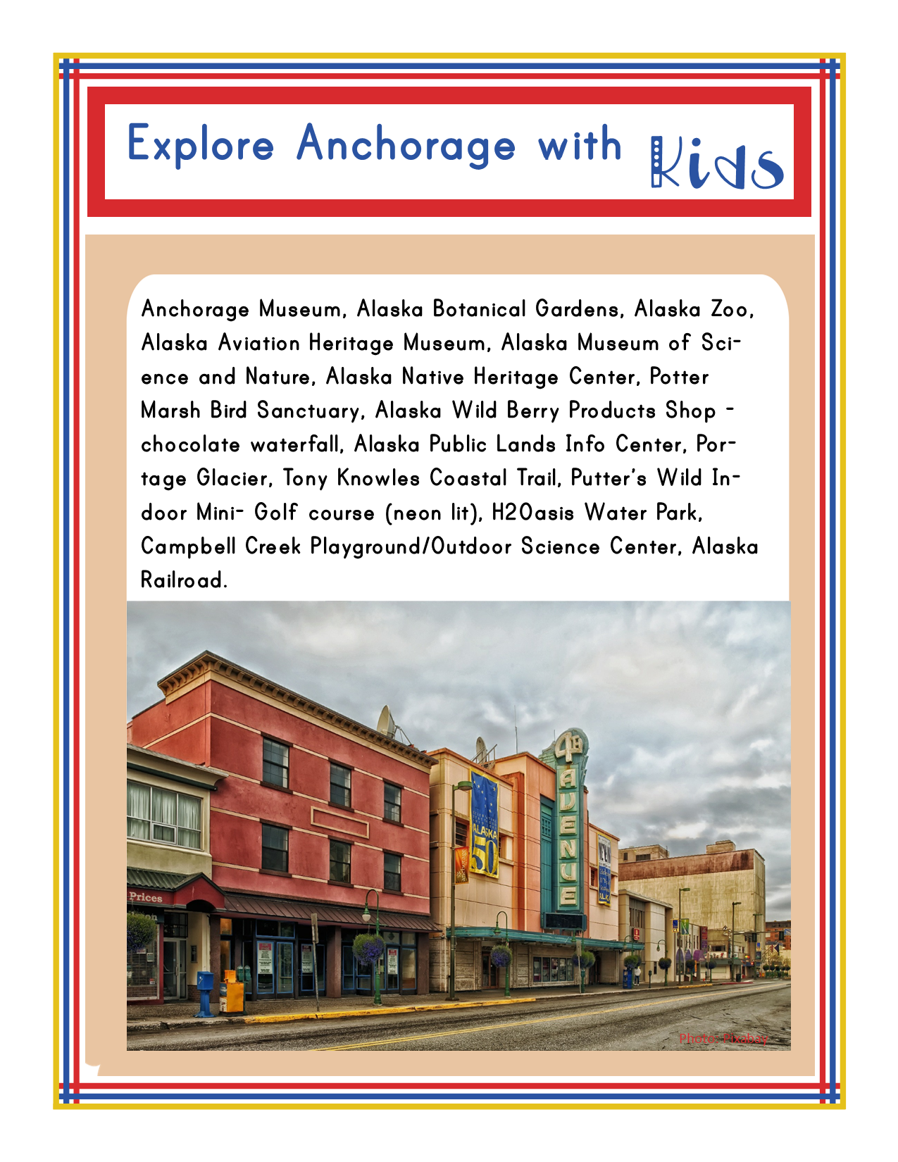 The Alaska Activity Kit by Wondermom Shop includes a travel guide titled "Explore Anchorage with Kids," featuring a list of family-friendly attractions in Anchorage, Alaska, along with insights into local Alaska history. An image of a street in Anchorage is shown at the bottom of the page.