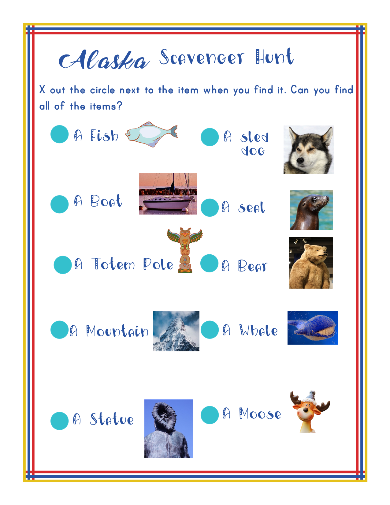 The Alaska Activity Kit from Wondermom Shop includes a Scavenger Hunt checklist showcasing images and names of nine Alaskan items to discover: fish, sled dog, boat, seal, totem pole, bear, mountain, whale statue, and moose. It's the perfect mix of engaging Alaska activities and a hint of Alaskan history!
