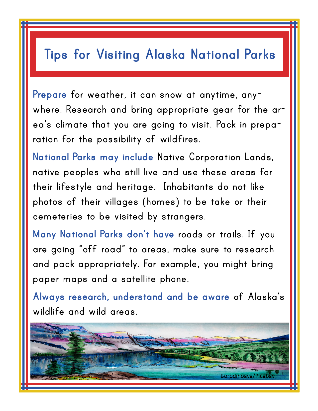The Alaska Activity Kit from Wondermom Shop features an informational poster titled "Tips for Visiting Alaska National Parks." It offers practical advice on weather preparation, wildlife encounters, road conditions, and the inclusion of Native Corporation Lands. The kit also includes insights into various activities in Alaska to enhance your adventure.