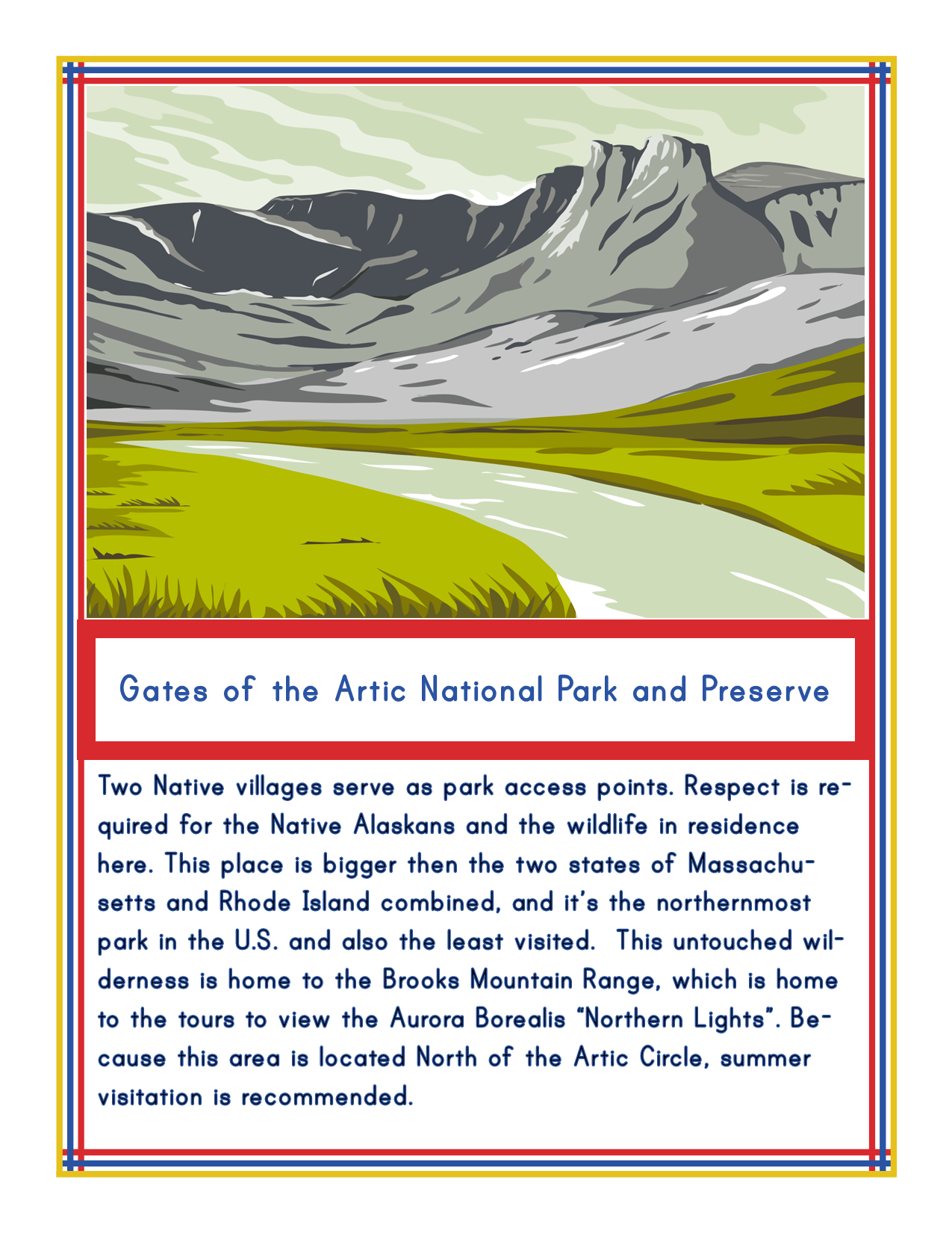 Illustrated poster from the Alaska Activity Kit by Wondermom Shop showcasing Gates of the Arctic National Park. It presents a breathtaking mountainous landscape and verdant green fields, with text detailing park access, resident wildlife, and summer visitation tips for exploring Alaska national parks.