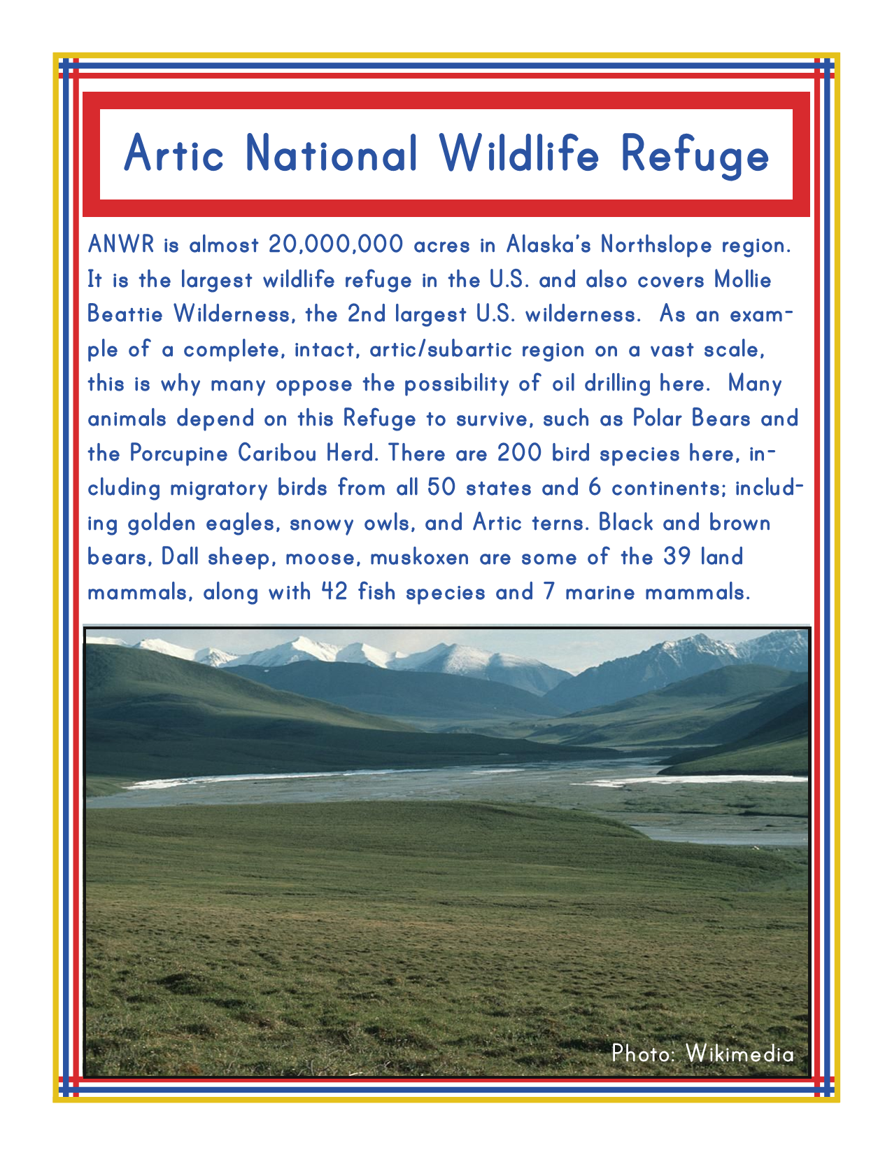 Discover the wonders of the Arctic National Wildlife Refuge with our Alaska Activity Kit by Wondermom Shop! This kit features an informational poster about one of Alaska's most renowned parks, highlighting its vast size, rich wildlife diversity, and ongoing efforts to combat oil drilling. Plus, enjoy a scenic photo of a breathtaking mountainous landscape included at the bottom of the poster.