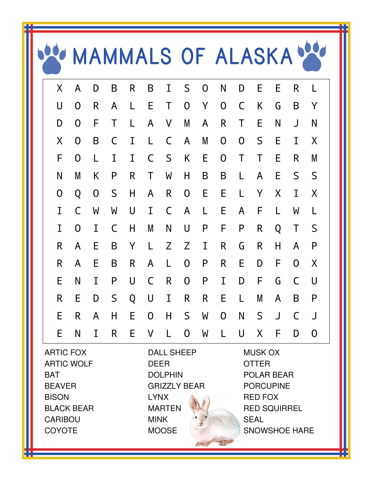 Discover the "Mammals of Alaska" word search puzzle, part of the Wondermom Shop's Alaska Activity Kit. This engaging activity features various animal names hidden in a grid of letters. A list of the animals to find is provided at the bottom, along with an image of a rabbit. Perfect for exploring both the wildlife and rich history of Alaska!