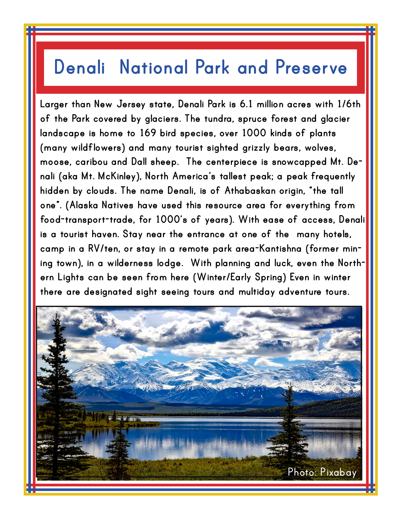 Informational poster as part of the Alaska Activity Kit from Wondermom Shop, highlighting Denali National Park and Preserve, one of the iconic Alaska national parks. The poster includes details on its size, wildlife, visitor accommodations, and seasonal activities. A photo of two trees is included for visual appeal.