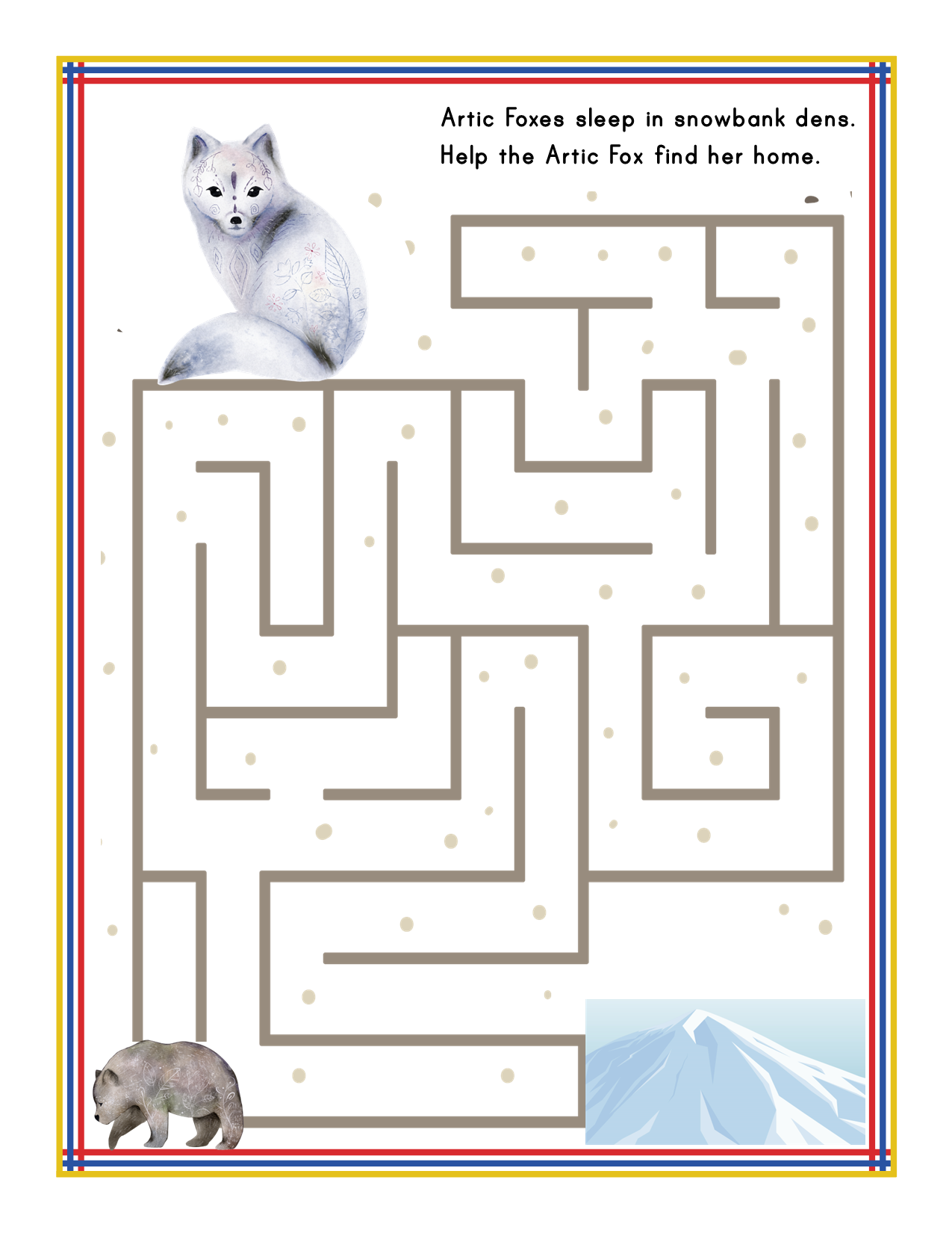 Introducing the Alaska Activity Kit from Wondermom Shop: Navigate a maze puzzle where an arctic fox seeks her snowbank den, while a bear and a snowy mountain adorn the scene. The kit's text invites you: "Arctic Foxes sleep in snowbank dens. Help the Arctic Fox find her home while exploring Alaska national parks.