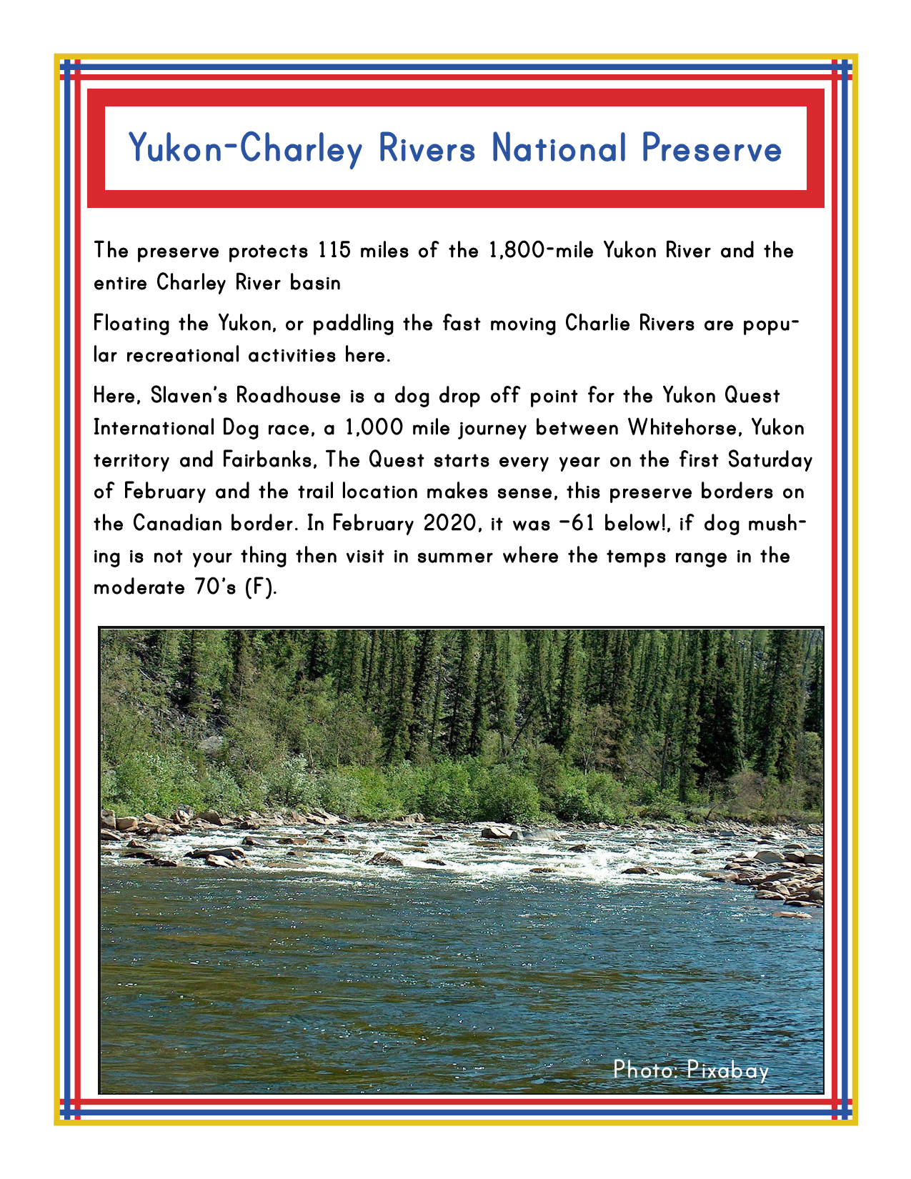 Discover the Alaska Activity Kit from Wondermom Shop, featuring a detailed informative sign for Yukon-Charley Rivers National Preserve. The sign highlights exciting river activities, Slaven's Roadhouse, weather conditions, and the scenic territory between Yukon and Fairbanks. The background showcases a breathtaking river scene that encapsulates the unique adventure offered by Alaska's national parks.