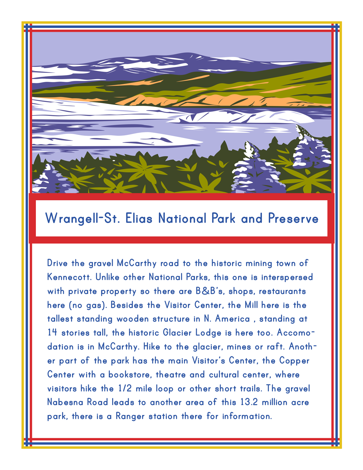 An illustrated map in the Alaska Activity Kit by Wondermom Shop highlights Wrangell-St. Elias National Park and Preserve. Text describes points of interest, including Nabesna Road, Kennecott, the glacier, Copper Center, and various accommodations. Explore Alaska history through its landmarks or enjoy various Alaska activities in this stunning park with this comprehensive kit.