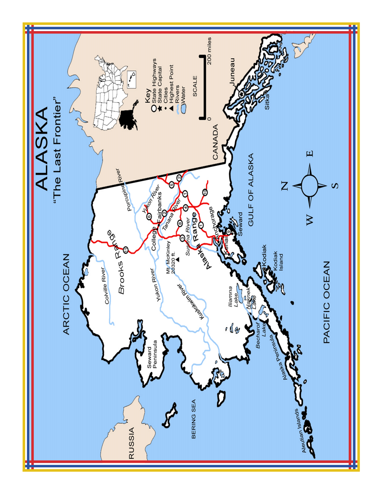 The Wondermom Shop's "Alaska Activity Kit" features a "Map of Alaska" titled "The Last Frontier," detailing major cities, rivers, borders, and surrounding bodies of water such as the Arctic Ocean, Pacific Ocean, and Gulf of Alaska. The map also highlights key national parks in Alaska for those interested in exploring the state's rich natural heritage.