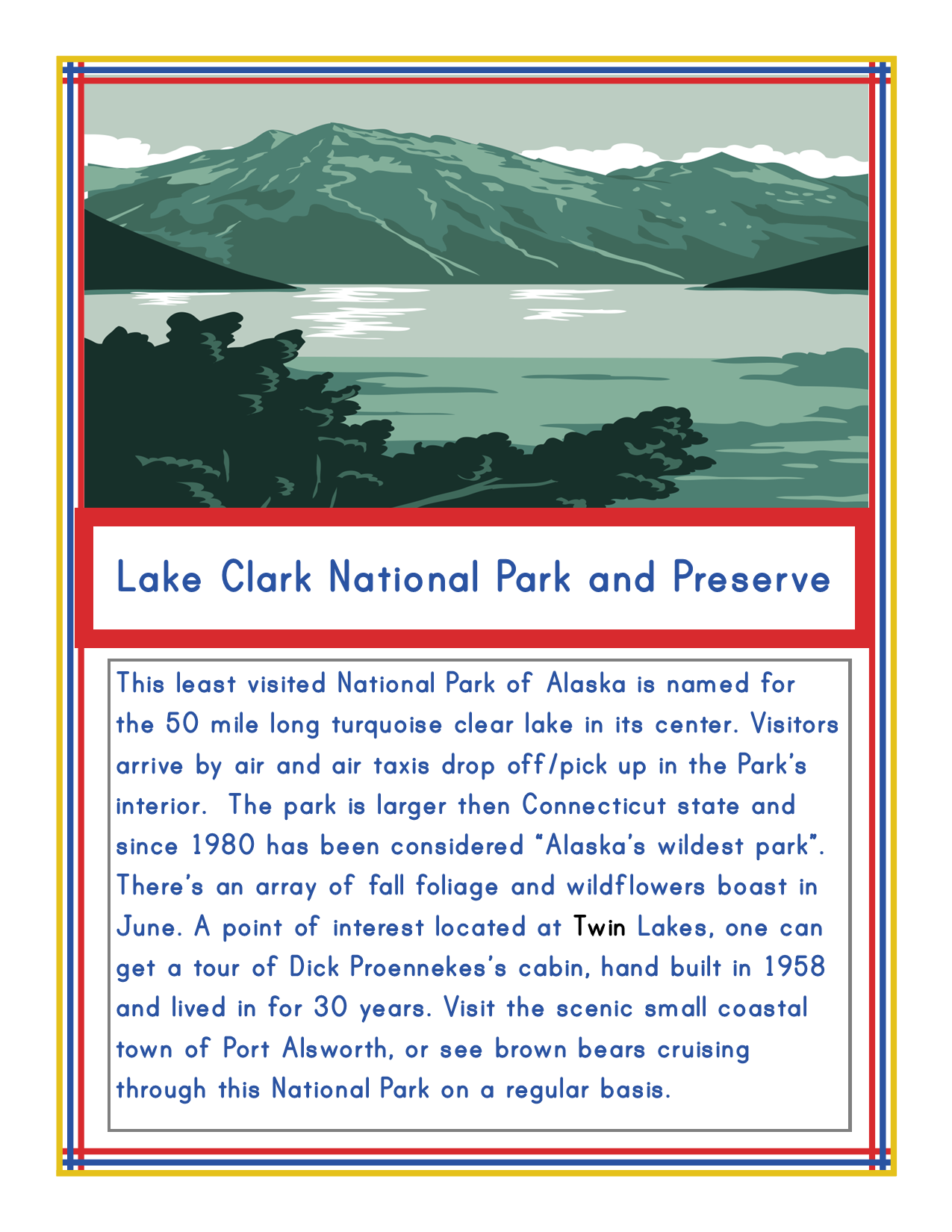 A scenic illustration of Lake Clark National Park and Preserve from the Wondermom Shop's Alaska Activity Kit. The text explains the park's geography, transportation methods, highlights of the park, and provides information about nearby attractions in Alaska national parks.