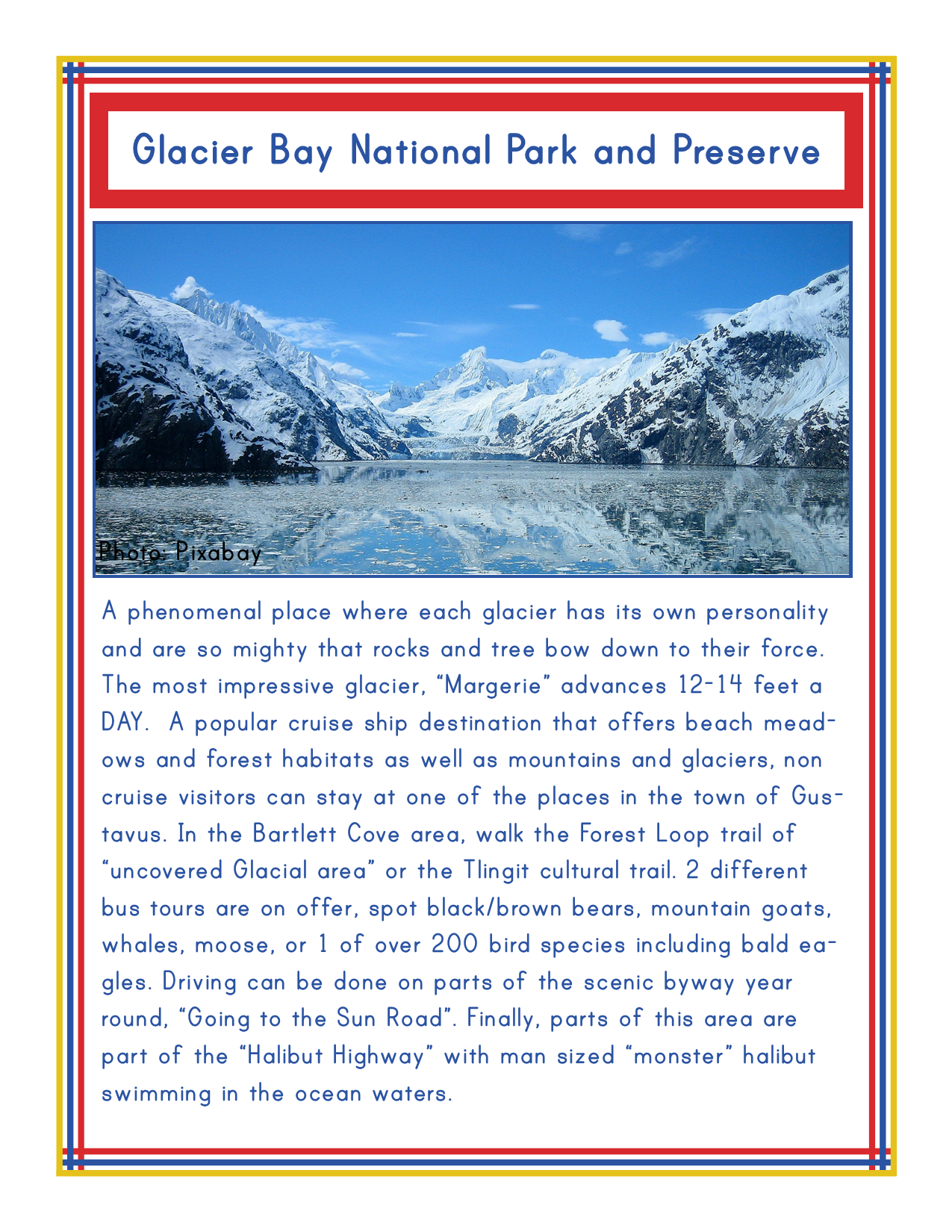 An informative poster from Wondermom Shop's Alaska Activity Kit, featuring mountains and a river in Glacier Bay National Park and Preserve. The text describes the park's glaciers, wildlife, trails, and the "Halibut Highway," with insights into its significance among Alaska national parks. (Photo: Pixabay).