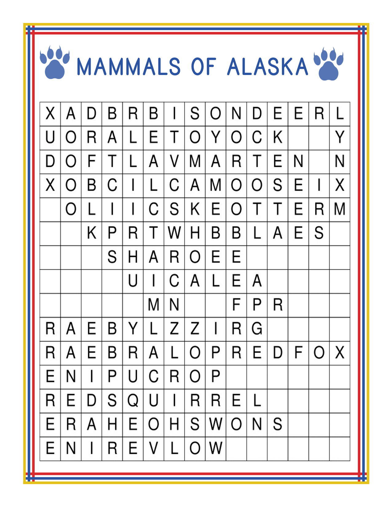 Word search puzzle titled "Mammals of Alaska" from the Alaska Activity Kit by Wondermom Shop. The names of various mammals are hidden in a grid, and the border features two blue paw prints, making it a perfect activity for those interested in learning about Alaska national parks.