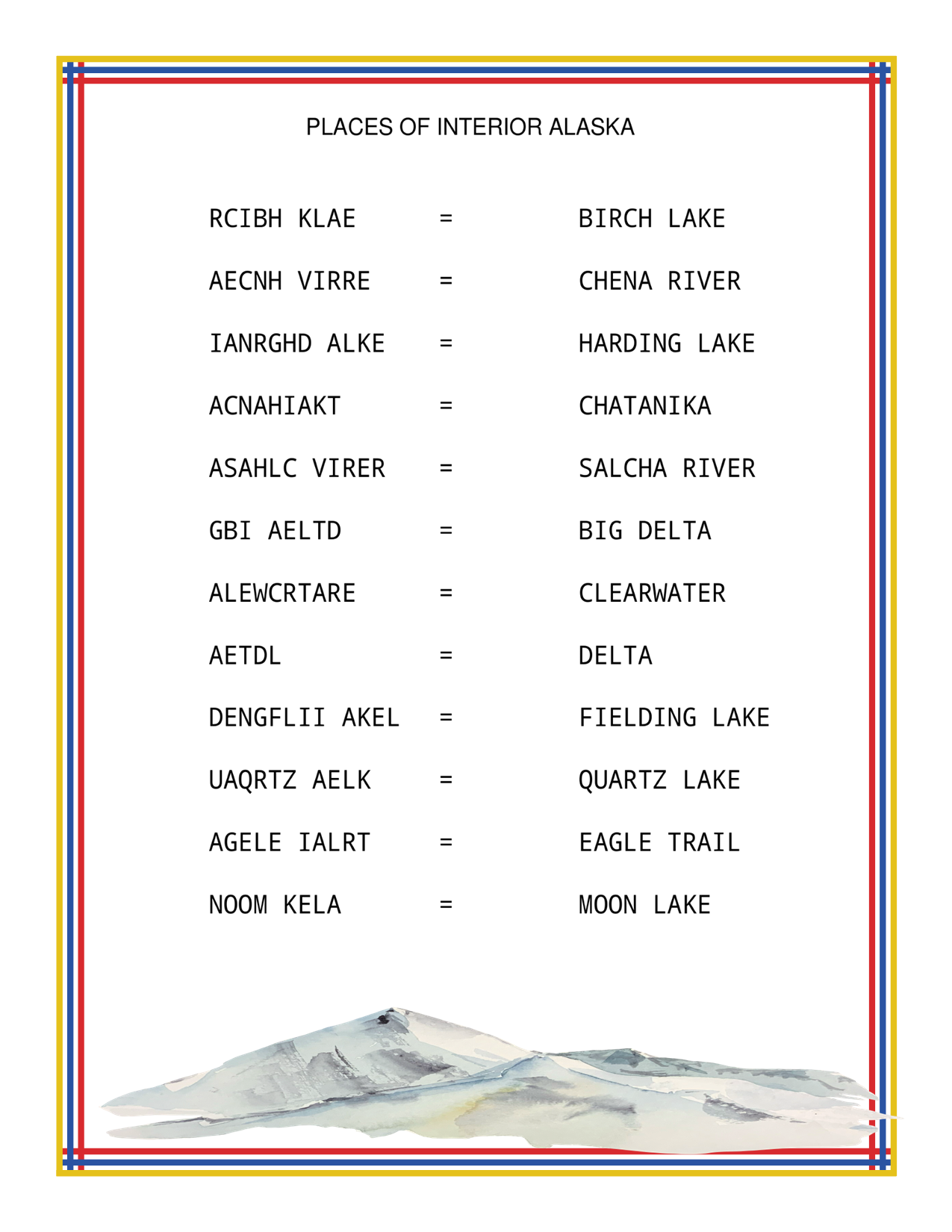 The **Alaska Activity Kit** from **Wondermom Shop** features a list of places in Interior Alaska, such as Birch Lake, Chena River, and Harding Lake, with their names scrambled. Displayed on a white background with a minimal mountain illustration at the bottom, this playful design makes exploring Alaska activities both fun and educational.