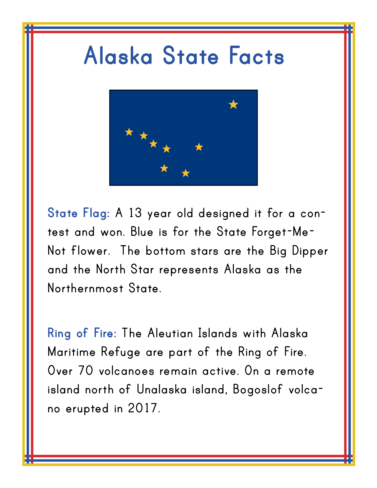 A factsheet included in the Alaska Activity Kit from Wondermom Shop, titled "Alaska State Facts," provides details on Alaska's state flag featuring the Big Dipper and North Star, as well as information about the "Ring of Fire," home to the Bogoslof volcano. It also highlights Alaska's rich history and popular activities available in its national parks.