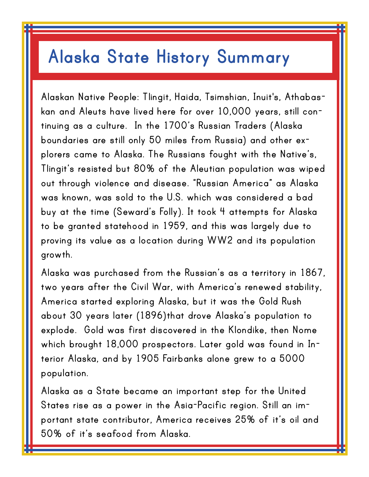 A document included in the "Alaska Activity Kit" by Wondermom Shop delves into the rich history and demographics of Alaska Native people, Alaska's purchase by the US, and its current economic contributions, while also highlighting notable aspects of Alaska history.
