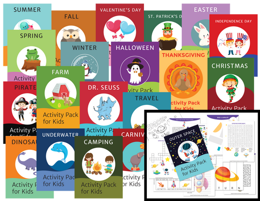 The Printable Kids Activity Books Bundle from Wondermom Shop offers a vibrant collection of themed activity books for kids, featuring holidays, seasons, farm life, and outer space. An inset showcases sample pages from the "Outer Space" themed fun pack.