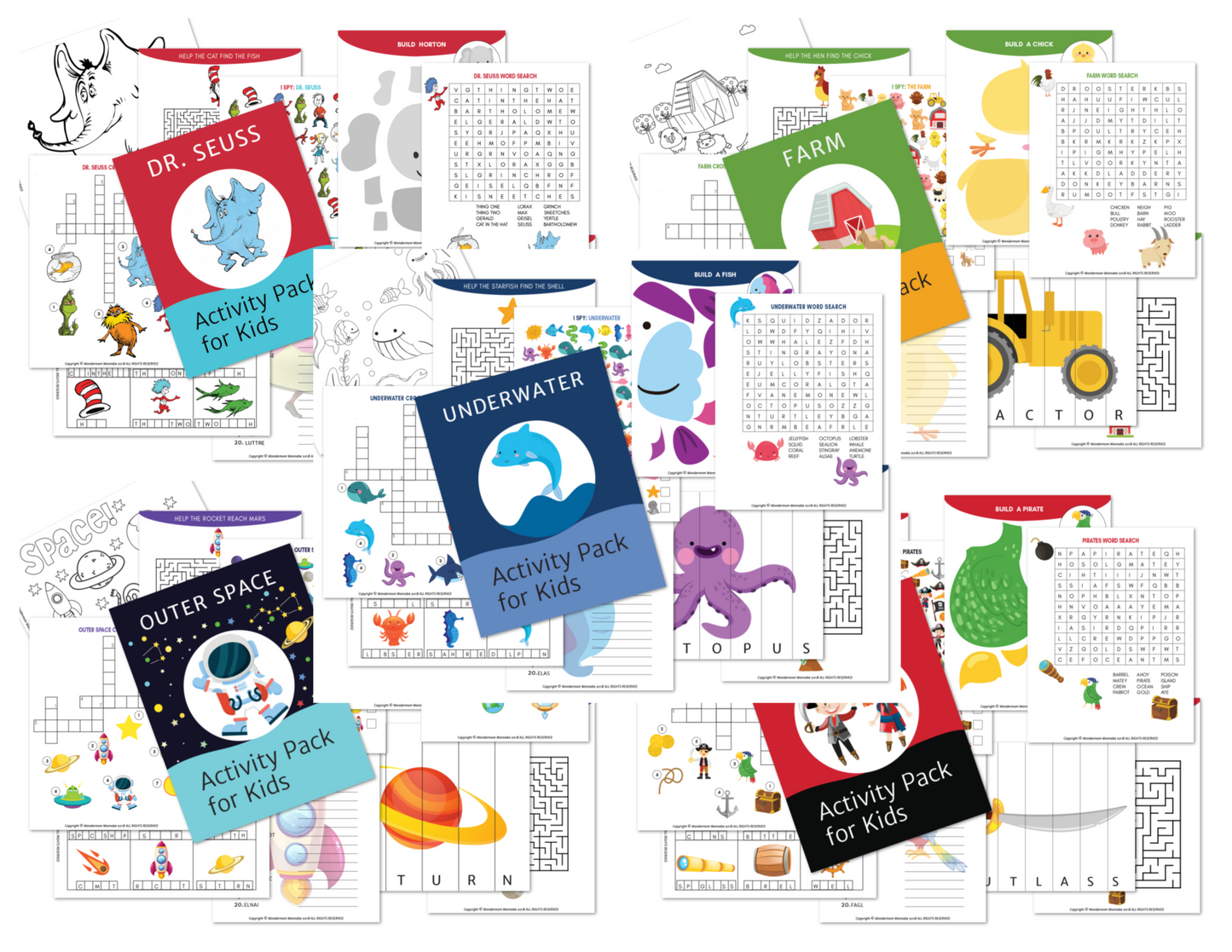 A collage of Wondermom Shop's Printable Kids Activity Books Mini Bundle featuring themes such as Dr. Seuss, farm, underwater, space, and more. Activities include fun puzzles and brain teasers, mazes, and creative coloring pages—all available in these delightful printable kids activity books.