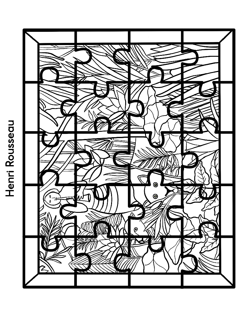 The Printable Famous Artwork Puzzles (Black and White) by Wondermom Shop features a jungle scene with a woman and a large cat among dense foliage, signed by renowned artist "Henri Rousseau" on the side. The black-and-white line art offers a perfect opportunity for child color activities.