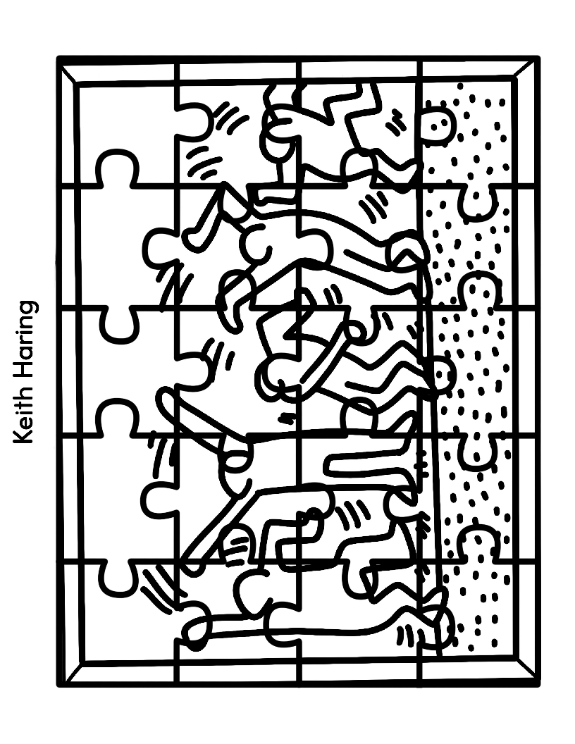 The Printable Famous Artwork Puzzles (Black and White) by Wondermom Shop features black-and-white jigsaw puzzles depicting figures in active poses, drawn in the distinctive, playful style of renowned artist Keith Haring. This printable puzzle captures the childlike color and whimsy that makes Haring's pieces so iconic.