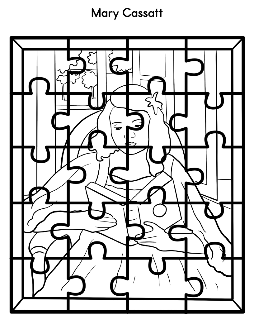 The "Printable Famous Artwork Puzzles (Black and White)" by Wondermom Shop features a captivating black-and-white coloring page titled "Mary Cassatt." Depicting a person reading within a jigsaw puzzle outline, this product is perfect for children to color while introducing them to renowned artists. This printable blends art with interactive fun.