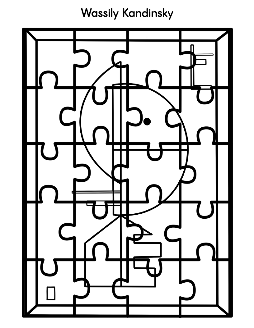 A black-and-white jigsaw puzzle layout titled "Wassily Kandinsky," depicting abstract geometric shapes including lines and circles within the puzzle pieces. Part of the Printable Famous Artwork Puzzles (Black and White) collection by Wondermom Shop, this piece introduces children to the renowned artist's iconic style.