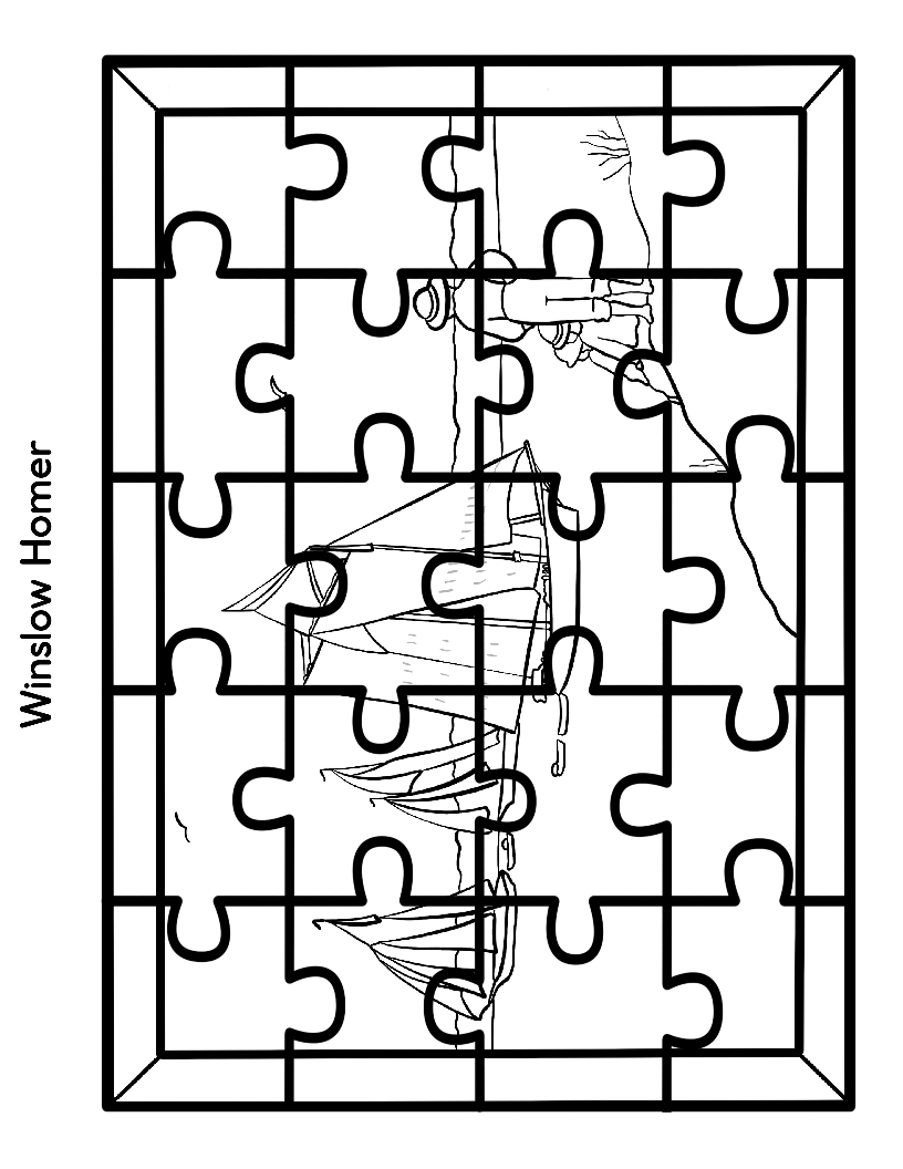 The Printable Famous Artwork Puzzles (Black and White) by Wondermom Shop feature a black-and-white outline with an incomplete image on the pieces. The visible section reveals part of a boat and the name "Winslow Homer" along the left edge, allowing children to color while learning about renowned artists.