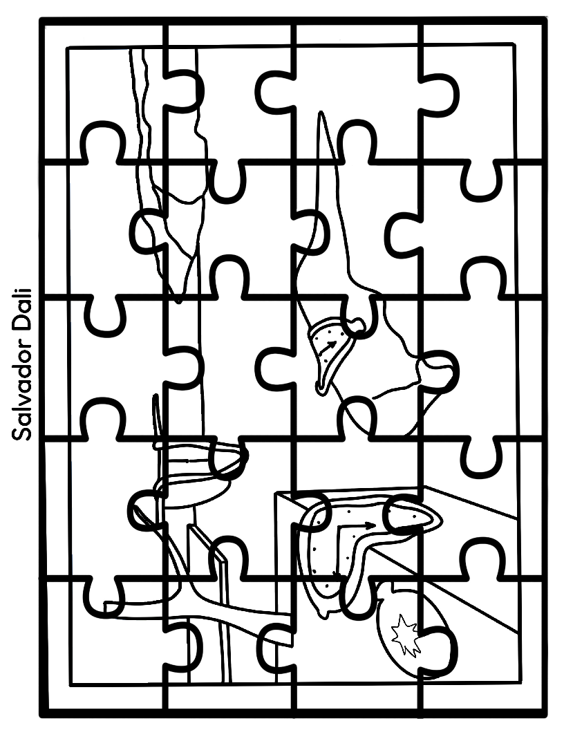 The Printable Famous Artwork Puzzles (Black and White) from Wondermom Shop includes a coloring page of a jigsaw puzzle featuring the outlined pieces of Salvador Dali's "The Persistence of Memory," complete with melting clocks and abstract forms. This printable allows children to color while engaging with renowned works of art.
