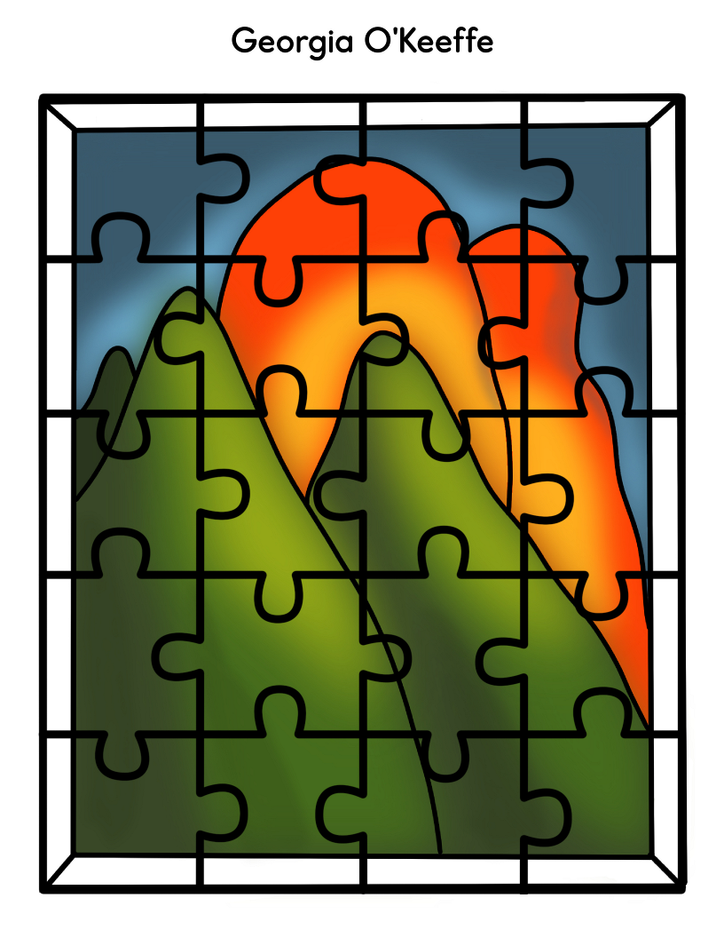 The Printable Famous Artwork Puzzles from Wondermom Shop include a captivating jigsaw puzzle featuring a Georgia O'Keeffe painting. This puzzle showcases abstract green mountains and a vibrant red-orange formation set against a blue sky, making it an ideal choice for admirers of renowned artists.