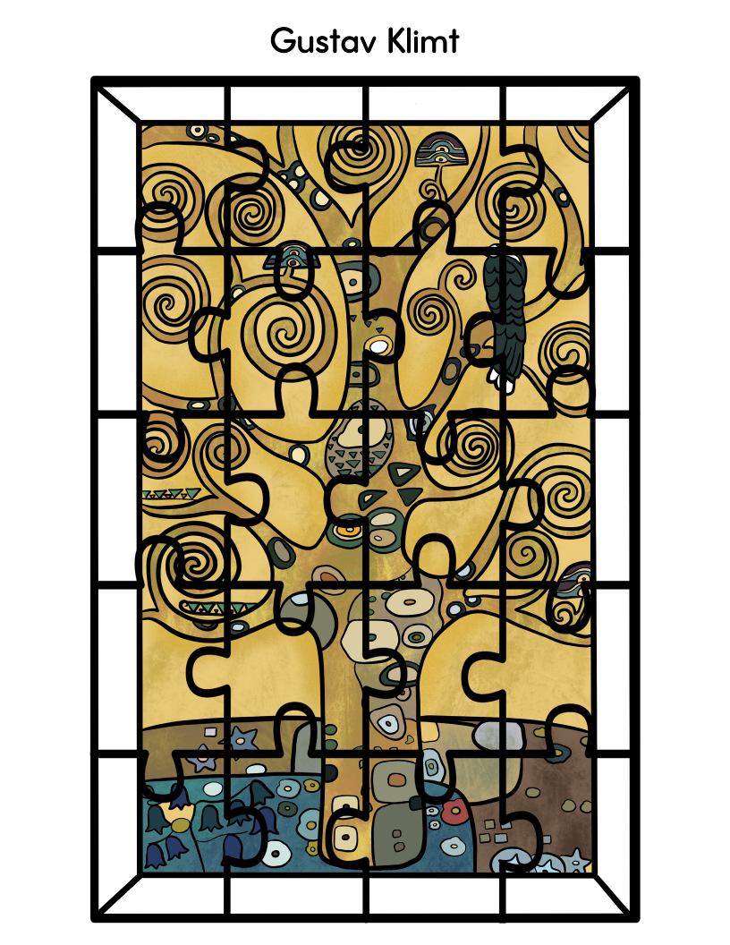 Wondermom Shop's Printable Famous Artwork Puzzles feature Gustav Klimt's intricate swirls and abstract shapes in shades of yellow, black, blue, and green, segmented into rectangular pieces by one of the most renowned artists.
