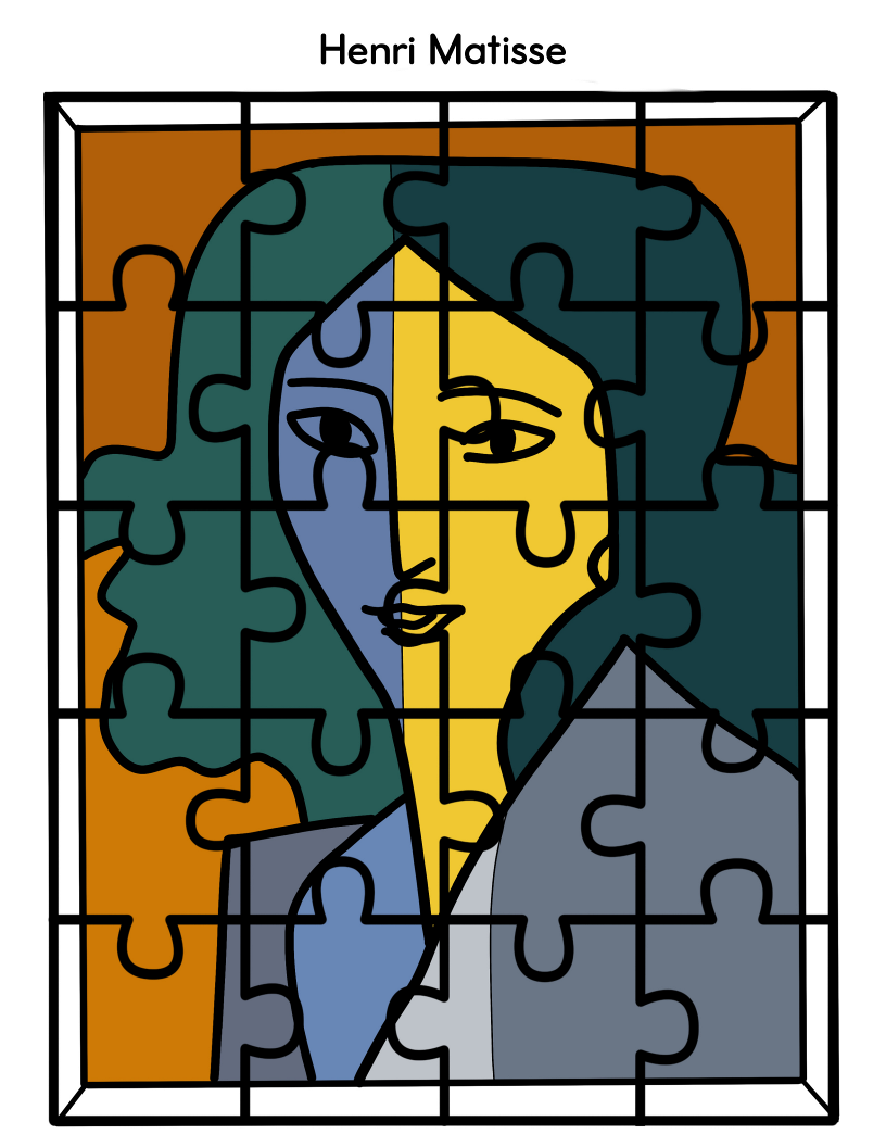 An abstract puzzle from our Printable Famous Artwork Puzzles collection at Wondermom Shop, featuring a striking cubist-style portrait in bold colors of blue and yellow depicting a woman with a split face, and the title "Henri Matisse" prominently displayed at the top to celebrate this renowned artist.