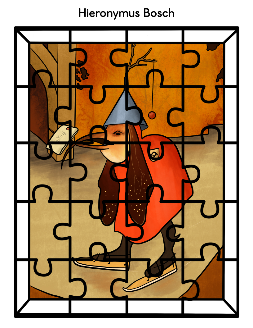 A Bosch artwork featuring a figure in a peculiar hat and red attire, skillfully woven into a partially completed jigsaw puzzle frame. This piece is part of the Wondermom Shop's Printable Famous Artwork Puzzles collection, transforming iconic masterpieces into interactive experiences.