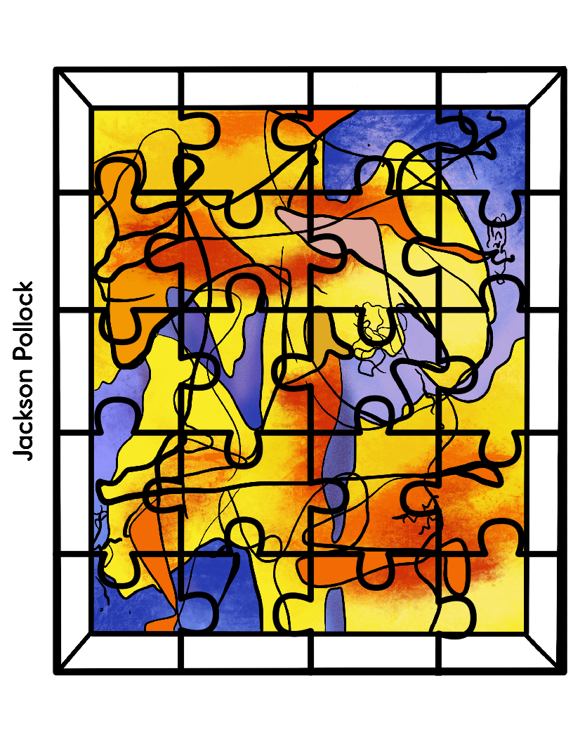 The Printable Famous Artwork Puzzles by Wondermom Shop present a colorful challenge featuring an abstract painting by Jackson Pollock. This masterpiece, with its intersecting lines and vibrant splashes of yellow, orange, and blue, is meticulously recreated in intricate puzzle pieces for art enthusiasts to enjoy.