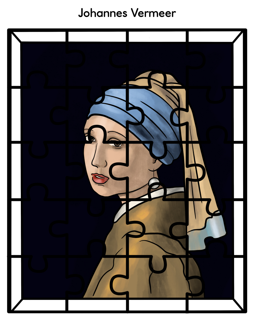 Pieces of the "Girl with a Pearl Earring" painting by renowned artist Johannes Vermeer form an intricate puzzle from the Printable Famous Artwork Puzzles collection by Wondermom Shop. With pieces missing throughout, this puzzle offers a unique challenge that will both entertain and captivate art lovers.