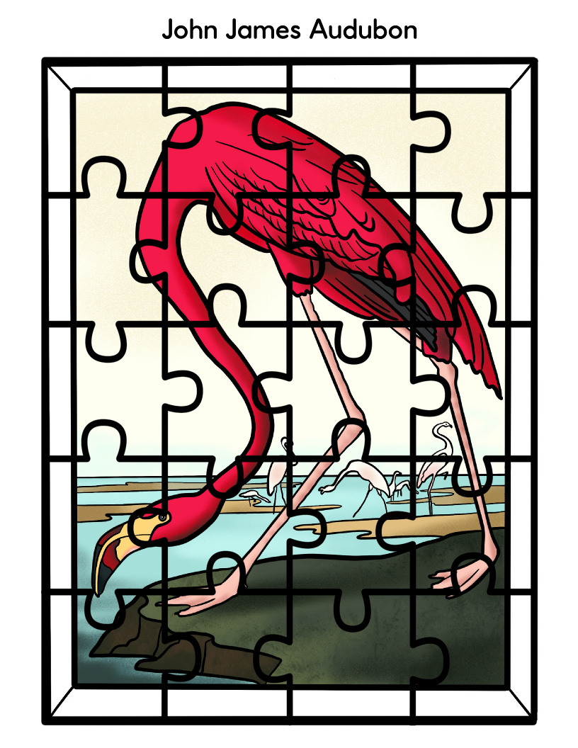 A printable puzzle from Wondermom Shop's "Printable Famous Artwork Puzzles" collection, featuring pieces that form an image of a flamingo. The puzzle is labeled "John James Audubon" at the top, with some white birds and water in the background, celebrating one of the most renowned artists.