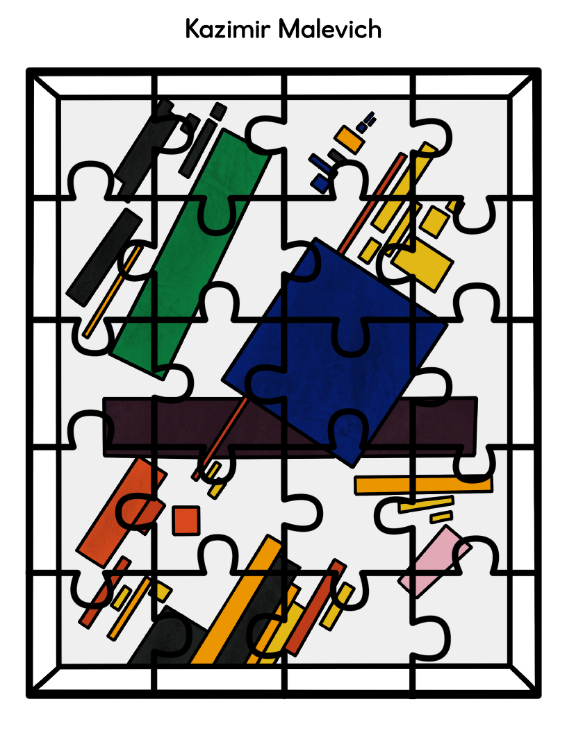 Wondermom Shop's Printable Famous Artwork Puzzles feature abstract shapes and colors, arranged in the style of Kazimir Malevich's art, with black outlines framing the puzzle pieces, perfectly capturing the essence of renowned artists.