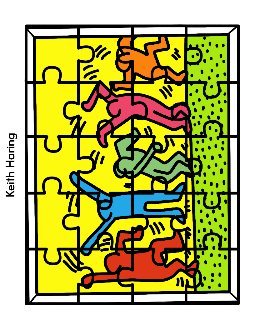 A vibrant Keith Haring puzzle showcasing dancing and jumping human figures against a yellow and green backdrop, made from precision-cut pieces. This puzzle is part of the Printable Famous Artwork Puzzles collection by Wondermom Shop.