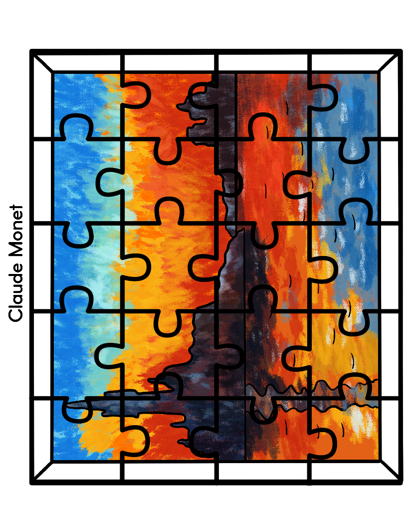 A jigsaw puzzle featuring a vibrant landscape painting showcasing vivid blue, orange, and red tones. The partially assembled pieces form an image with the border inscribed "Claude Monet," indicating it belongs to the Printable Famous Artwork Puzzles collection by Wondermom Shop.