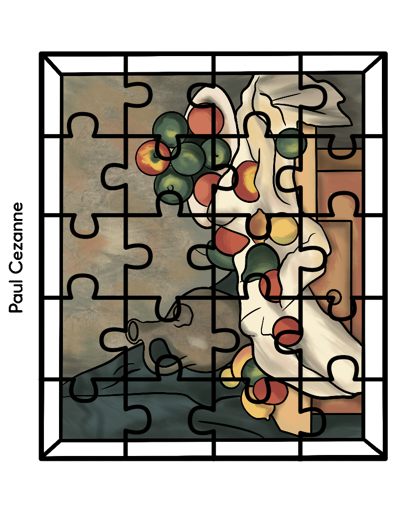 Introducing the "Printable Famous Artwork Puzzles" by Wondermom Shop, featuring a still-life painting with fruit and a white cloth by renowned artist Paul Cezanne, partially assembled against a muted background.