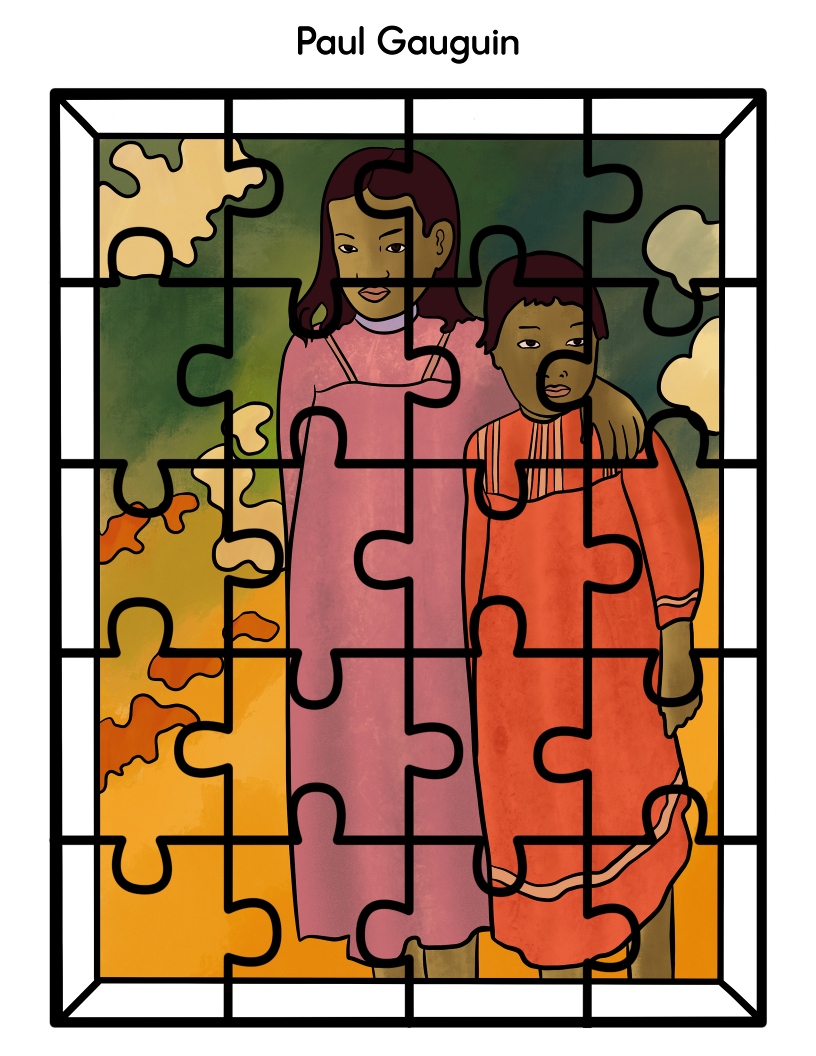 An illustration of two children in dresses within puzzle pieces, featured in the Printable Famous Artwork Puzzles collection by Wondermom Shop, based on a painting by renowned artist Paul Gauguin.