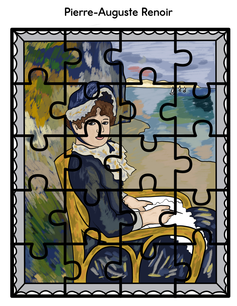 A Printable Famous Artwork Puzzle from Wondermom Shop, showcasing a renowned painting by Pierre-Auguste Renoir of a woman seated in a chair, with the background partially assembled.